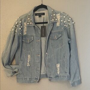 Stylish Light Blue Jean Jacket with Pearl Details